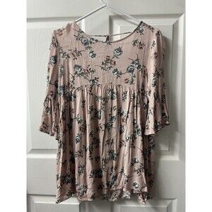 Hopely Womens Tops Pink Floral Boho Size Small Flutter Sleeve Back Tie Babydoll